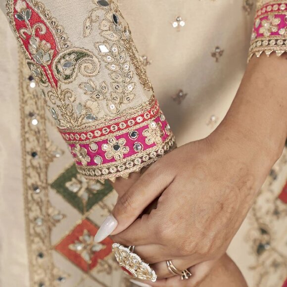 Designer Premium Chinnon Silk Ivory Beige Punjabi Style Dhoti Salwar Suit - Picture 3 of 4